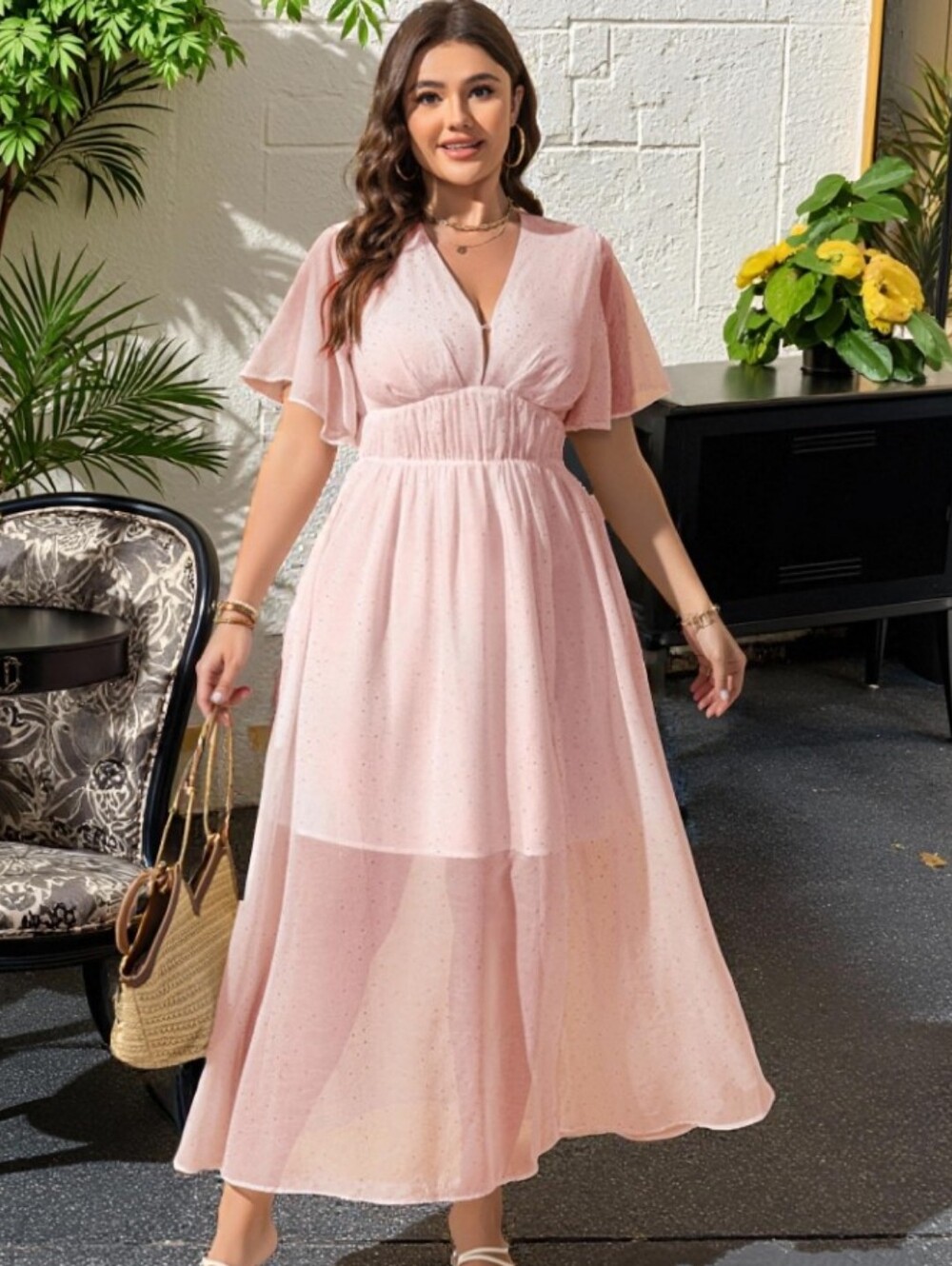 Pastel Pink Shimmer Maxi Dress – Size L (New Without Tags)